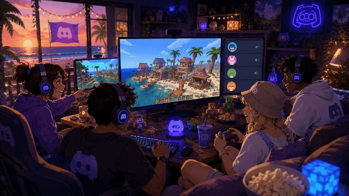 A Discord friend group building a colorful Minecraft-style beach town together on a summer evening