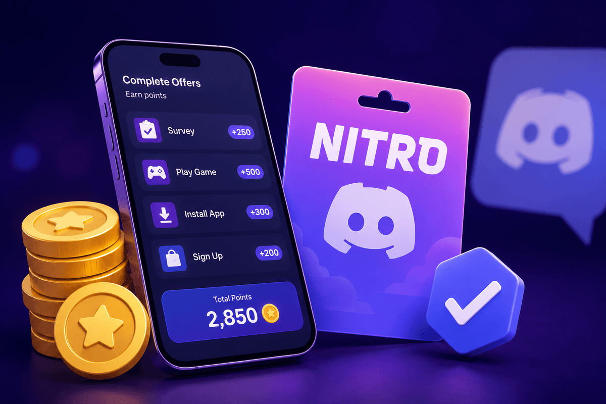 A clean rewards dashboard concept showing Discord rewards, tasks, coins, gift cards, and progress toward a daily goal