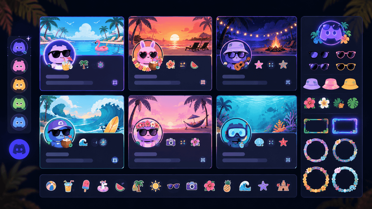 A playful Discord profile makeover board with summer avatars, banners, decorations, and bright seasonal colors