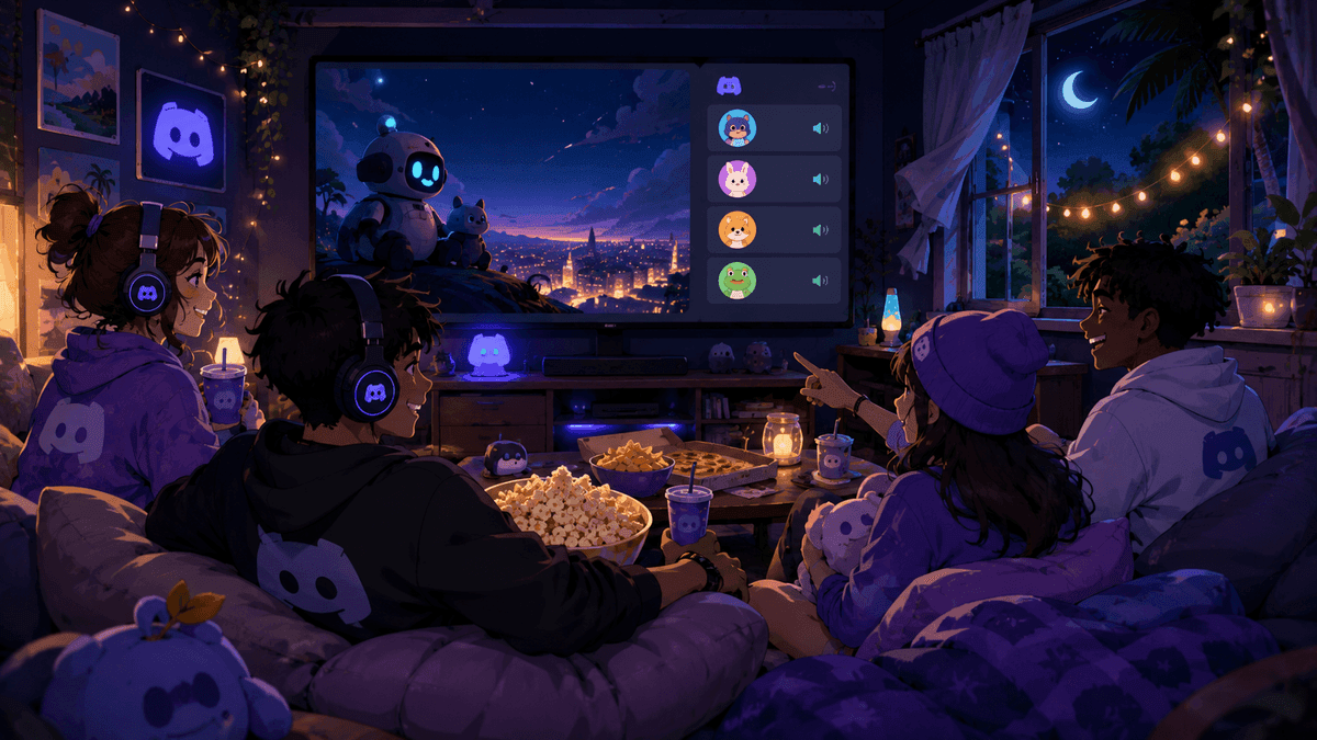 A cozy Discord watch party setup with friends in voice chat, snacks, and a summer night window glow